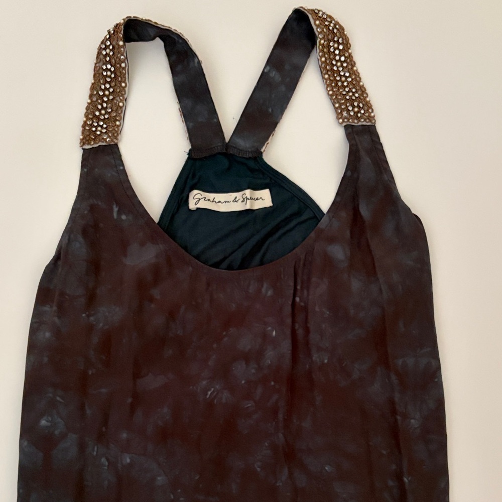 Blue Marbled Tie-Dye Sleeveless Racerback Tank with Beading Accent on Straps